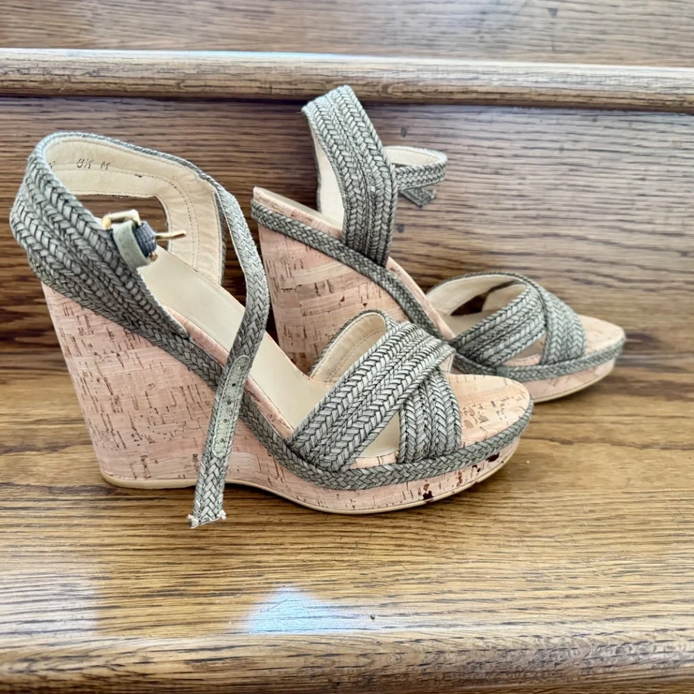 Stuart Weitzman Minx Wedges Cork Olive/Gray 8.5 - Picture 2 of 9
